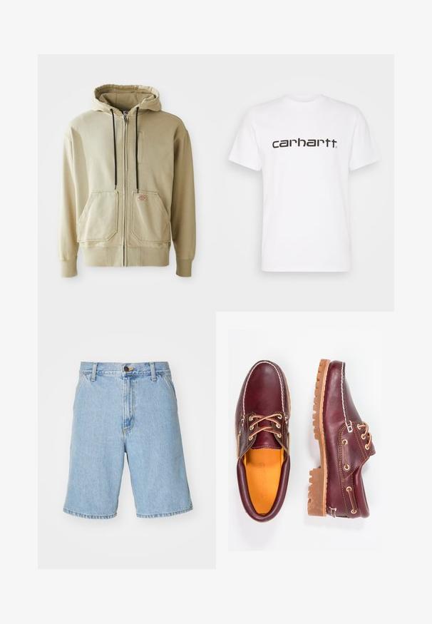 Beige Zip-Hoodie mit schwarzen Kordeln, zwei Fronttaschen, gerippten Bündchen und einem kleinen rechteckigen Logopatch auf der rechten Tasche.; Weißes Baumwoll-T-Shirt mit kurzen Ärmeln und Rundhalsausschnitt. Mit großem "Carhartt"-Logo in Dunkelbraun über der Brust.; Helle blaue Jeansshorts mit lockerer Passform, ausgestattet mit einem Reißverschluss, Knopfverschluss und vier Taschen. Der Stoff hat eine glatte Textur.; Bordeauxfarbene Lederschuhe mit braunen Gummisohlen, runder Zehenform, weißen Nähten und goldenen Ösen. Das Innenfutter weist eine gelbe Beschichtung auf.