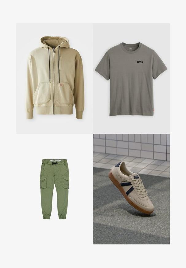 Sudadera con cremallera en color beige, con cordones negros, dos bolsillos frontales, puños acanalados y una pequeña placa de logo rectangular en el bolsillo derecho.; Camiseta verde Levi’s de manga corta con cuello redondo, logo negro en el pecho izquierdo y pequeña etiqueta roja en la costura lateral izquierda.; Joggers de sarga verde oliva con puños elásticos, cintura con cordón y múltiples bolsillos tipo cargo para mayor almacenamiento. Tela suave y duradera.; Zapatilla beige con acabado texturizado, rayas azul marino y suela de goma. Presenta una lengüeta acolchada y un sistema de cordones tradicional para un ajuste seguro.