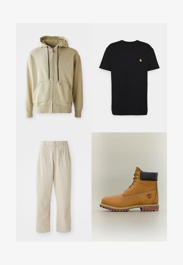 Beige zip-hætte med sorte snore, to forlommer, ribbede manchetter og et lille rektangulært logo-patch på højre lomme.; Sort bomulds t-shirt med korte ærmer, rund halsudskæring og et lille gult logo på venstre brystområde. Enkel design og almindelig pasform.; Beige, lette bukser med en afslappet pasform, indsyede folder foran, knaplukning og opbrettede kanter. Glat tekstur, minimalistisk design.; Brun læderankelstøvle med sort krave, gule snørebånd og tanfarvet sål. Har logo og hvide syninger som detalje. Robust ydersål med greb.