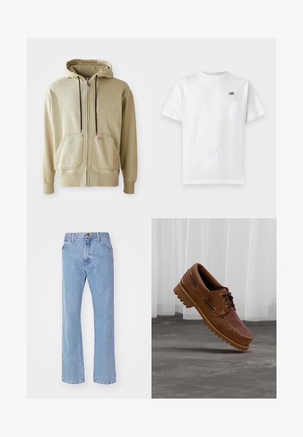 Beige zip-hætte med sorte snore, to forlommer, ribbede manchetter og et lille rektangulært logo-patch på højre lomme.; Hvid t-shirt med korte ærmer og rund halsudskæring med et lille sort New Balance-logo på øverste venstre bryst på en ensartet lys baggrund.; Lyseblå straight-leg denim jeans med frontknap- og lynlåslukning, bæltestropper og standard forlommer.; Brun læder bådsko med sorte snørebånd, beige syninger og en robust sål, hængende over en grå betongulv.