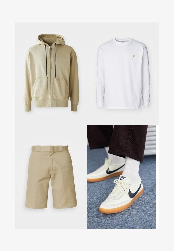 Beige Zip-Hoodie mit schwarzen Kordeln, zwei Fronttaschen, gerippten Bündchen und einem kleinen rechteckigen Logopatch auf der rechten Tasche.; Weißes Langarm-T-Shirt aus Baumwolle. Mit kleinem goldenem Logo auf der Brust und Rundhalsausschnitt. Einfaches Design und normale Passform.; Khaki-Shorts mit flachem Frontdesign, genähtem Bund mit Gürtelschlaufen und zwei Seitentaschen. Hergestellt aus leichtem Stoff.; Nike-Sneaker aus weißem Leder mit einem navy blauen Swoosh, ausgestattet mit einer Gummisohle und weißen Schnürsenkeln, kombiniert mit weißen Socken und dunklen Cord-Hosen.