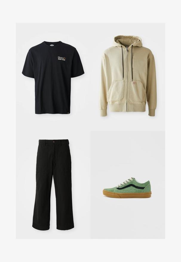 Beige zip-hætte med sorte snore, to forlommer, ribbede manchetter og et lille rektangulært logo-patch på højre lomme.; Sort bomulds t-shirt med korte ærmer. Udstyret med et broderet logo "Dickies Donut House" på venstre brystområde. Klassisk crew neck-design.; Sorte vide benbukser lavet af blødt stof, med frontlommer og en knaplukning i taljen. Minimalistisk design uden synlige mønstre.; Lavtsiddende sneaker med øvre del i grøn ruskind, sort sidestribe, hvide snørebånd og sål i naturligt gummi, vist i profil på hvid baggrund.