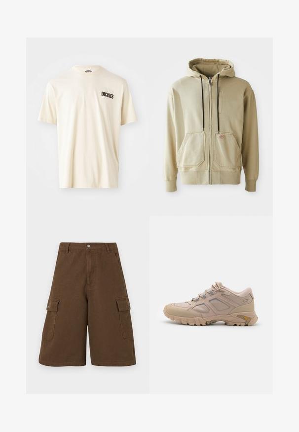 Beige Zip-Hoodie mit schwarzen Kordeln, zwei Fronttaschen, gerippten Bündchen und einem kleinen rechteckigen Logopatch auf der rechten Tasche.; Hellbeige Baumwoll-T-Shirt mit kurzen Ärmeln und Rundhalsausschnitt. Mit einem dunkelbraunen Logo-Text "DICKIES" auf der linken Brustseite.; Braune Cargo-Shorts mit geradem Schnitt, zwei Seitentaschen und einer vorderen Knopfleiste. Hergestellt aus strapazierfähigem Baumwollstoff mit matter Oberfläche.; Beige Sport Schuh mit einem strukturierten Mesh-Obermaterial, synthetischen Überzügen und einer Vibram-Sohle. Verfügt über ein Schnürsystem und seitliche Paneeldetails.