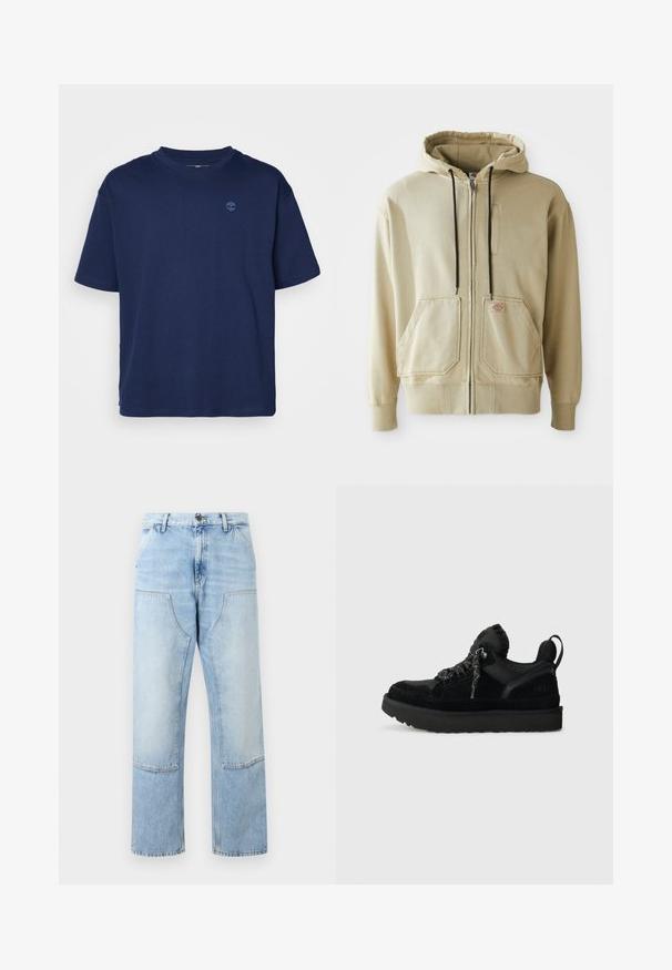 Beige zip-hætte med sorte snore, to forlommer, ribbede manchetter og et lille rektangulært logo-patch på højre lomme.; Marineblå bomulds T-shirt med rund halsudskæring, korte ærmer og et lille, tonalt logo på brystet. Casual pasform, glat tekstur.; Lyseblå denimjeans med høj talje, store forlommer med lap, knaplukning og lige brede ben.; Sorte sneakers med en kombination af ruskind og glat stof, runde snørebånd, polstret krave og en struktureret sort gummisål.