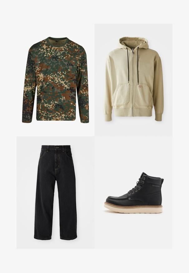 Beige Zip-Hoodie mit schwarzen Kordeln, zwei Fronttaschen, gerippten Bündchen und einem kleinen rechteckigen Logopatch auf der rechten Tasche.; Langärmliges Camouflage-T-Shirt in Grün, Braun und Beige mit einem runden Ausschnitt. Es verfügt über ein gemischtes Muster aus unregelmäßigen Flecken und Texturen.; Schwarze, weit geschnittene Jeans mit hoher Taille, vorderem Knopf, Reißverschluss und gelben Nähten an Taschen und Nähten.; Schwarzer Lederstiefel mit beige gummierter Sohle, runder Zehenform und Schnürdesign. Mit Steppnähten und Branding an der Seite.