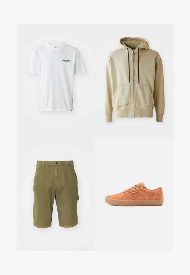 Beige Zip-Hoodie mit schwarzen Kordeln, zwei Fronttaschen, gerippten Bündchen und einem kleinen rechteckigen Logopatch auf der rechten Tasche.; Weißes Baumwoll-T-Shirt mit kurzen Ärmeln, das auf der linken Brust ein grünes "DICKIES ON THE ROAD AGAIN"-Logo zeigt. Standard Design mit Rundhalsausschnitt.; Olivgrüne Baumwoll-Cargo-Shorts mit Knopfverschluss, Gürtelschlaufen, seitlichen Taschen und einer leicht strukturierten Stoffoberfläche.; Sandfarbene Wildledersneaker mit texturiertem Obermaterial, runder Zehenpartie und Gummisohle. Verfügt über eine Schnürdesign und gestickte Akzente an den Seiten.