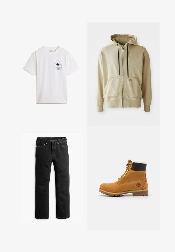 Beige zip-hætte med sorte snore, to forlommer, ribbede manchetter og et lille rektangulært logo-patch på højre lomme.; Hvid bomulds T-shirt med korte ærmer, der har et sort grafisk print på venstre side, som inkluderer Vans-logoet og tekstdetaljer.; Sorte lige ben denim jeans med fem lommer, bæltestropper og en knaplukning i taljen, lagt fladt på en hvid baggrund.; Brune læder ankelstøvle med metaløjer, hvid pelsforing, sort polstret krave, robust sål og præget logo på siden.