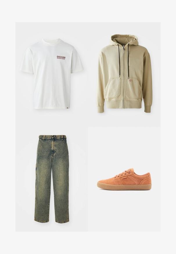 Beige zip-hætte med sorte snore, to forlommer, ribbede manchetter og et lille rektangulært logo-patch på højre lomme.; Hvid bomulds t-shirt med korte ærmer, rund halsudskæring og et rødt logo på venstre brystområde. Enkelt design uden mønstre.; Slidse denim jeans i en falmet blå og grøn vask. Har en knaplukning, bælteløkker og sidelommer. Flad front og lige ben-design.; Tan ruskinds sneakers med en tekstureret overflade, rund tå og gummisål. Har snørebåndsdesign og syede detaljer på siderne.