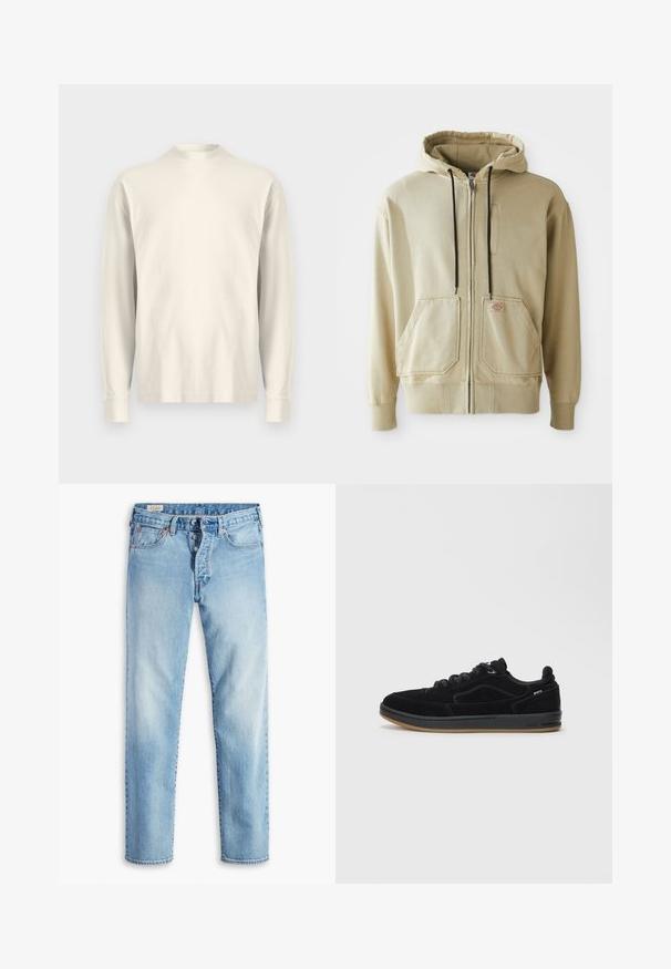Beige zip-up hoodie met zwarte trekkoorden, twee voorzakken, geribde manchetten en een klein rechthoekig logopatch op de rechterzak.; Langsleeve, shirt met hoge kraag van lichtroom katoen. Gladde textuur, relaxed fit, minimalistisch ontwerp, geen zichtbare patronen of accenten.; Lichtblauwe denim jeans met een rechte pijp, voorzien van vijf zakken, riemlussen en een knoopsluiting.; Zwarte suède sneakers met een gladde rubberen zool, voorzien van een lage hals, ronde veters en subtiele stikselaccenten.