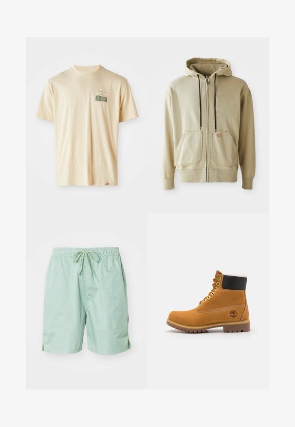 Sudadera con cremallera en color beige, con cordones negros, dos bolsillos frontales, puños acanalados y una pequeña placa de logo rectangular en el bolsillo derecho.; Camiseta de algodón color crema con cuello redondo, mangas cortas y un estampado gráfico en el lado izquierdo del pecho que representa una televisión vintage.; Bañadores verde claro hechos de tela suave, con cinturilla elástica y cordón, bolsillos laterales y longitud corta.; Botín de cuero marrón con ojales de metal, forro de piel sintética blanca, cuello acolchado negro, suela resistente y logotipo en relieve en el costado.