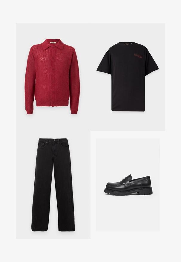 Cardigan rouge en tricot avec un devant à boutons, un col et des poignets côtelés. Présente un motif en tissage ouvert et une coupe décontractée.; T-shirt noir à manches courtes avec texte rouge imprimé "AWAKENING" sur la partie supérieure gauche de la poitrine.; Jean en denim noir avec une coupe droite, un style à cinq poches et une fermeture à bouton. Tissu texturé et esthétique minimaliste.; Mocassin en cuir noir avec semelle épaisse crantée et détail de bride penny, présenté en profil droit sur fond blanc.