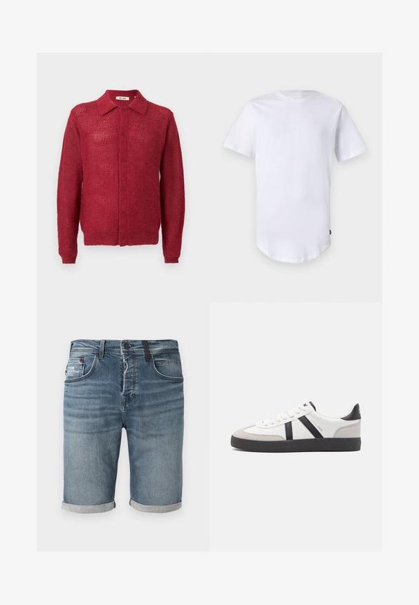 Cardigan rouge en tricot avec un devant à boutons, un col et des poignets côtelés. Présente un motif en tissage ouvert et une coupe décontractée.; T-shirt blanc à manches courtes en coton. Design à col rond avec un ourlet arrondi. Étiquette visible sur le côté inférieur gauche. Texture lisse.; Shorts en denim bleu avec revers roulés, fermeture avant à boutons, et cinq poches dont une petite poche à monnaie sur le côté droit.; Baskets blanches avec des accents noirs et gris, présentant un embout texturé gris, une semelle en caoutchouc noir et des lacets plats blancs. Design épuré, style minimaliste.