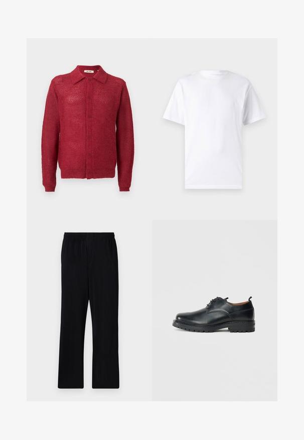 Cardigan rouge en tricot avec un devant à boutons, un col et des poignets côtelés. Présente un motif en tissage ouvert et une coupe décontractée.; T-shirt blanc à manches courtes en coton avec un col rond, présentant une texture lisse et un design simple, sans motifs ni accents.; Pantalons noirs plissés avec une taille élastique, design à jambes droites et tissu texturé. Pas de poches ou accents visibles.; Chaussures derby en cuir noir avec une texture lisse, bout rond, design à lacets et une semelle en caoutchouc épaisse et robuste.