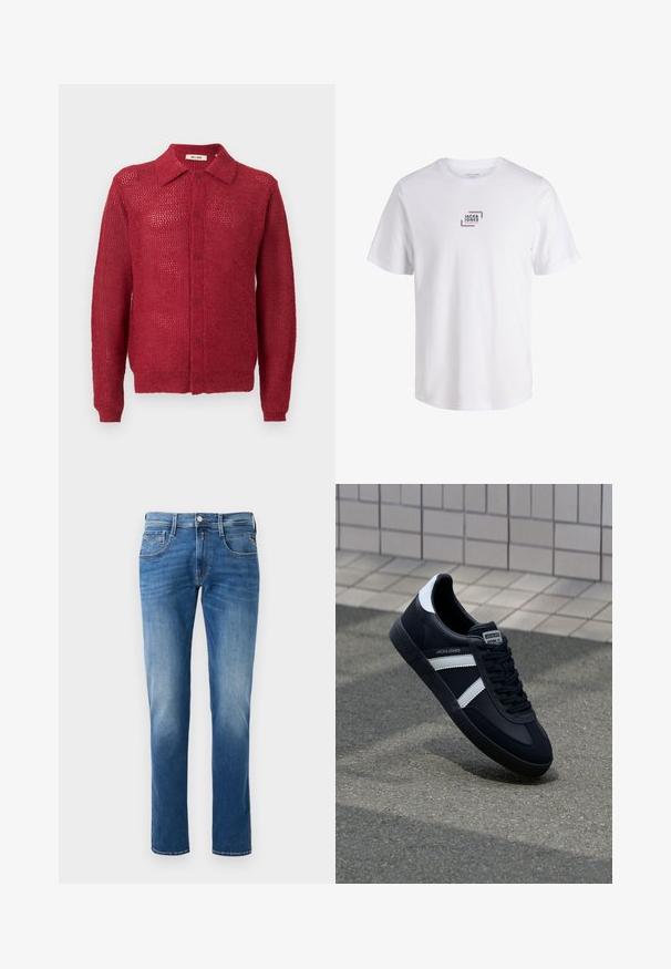 Rode gebreide cardigan met knoopsluiting aan de voorkant, kraag en geribde manchetten. Heeft een open weefpatroon en een relaxte pasvorm.; Wit T-shirt met korte mouwen en een "Jack & Jones" logo in een blauw en roze vierkant op de borst.; Heren blauwe denim jeans met een vervaagde was, straight leg ontwerp, vijf zakken en een sluiting met een knoop aan de voorkant. Gestikte accenten op de zakken.; Zwarte leren sneaker met witte strepen, een gestructureerde rubberen zool en vetersluiting aan de voorkant. Voorzien van een merklabel op de tong.