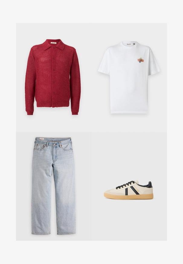 Cardigan de punto rojo con cierre de botones en la parte delantera, cuello y puños acanalados. Presenta un patrón de tejido abierto y un ajuste relajado.; Camiseta blanca de manga corta con texto pequeño en naranja "Viñedos del Sol Dorado" y un gráfico de una parra en el pecho izquierdo.; Jeans rectos azul claro con cintura alta, cierre de botón y bolsillos delanteros y traseros, exhibidos sobre una superficie plana.; Zapatillas casuales en crema con rayas negras, con parte superior texturizada y suela de goma. Los cordones son negros. Logo sutil en el costado.