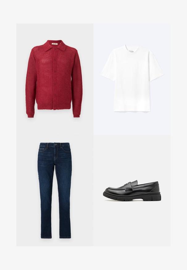 Rød strikket cardigan med knaplukning foran, krave og ribbede manchetter. Har et åbent vævemønster og en afslappet pasform.; Enkel hvid T-shirt med korte ærmer og rund hals med afslappet pasform, vist på en lys baggrund.; Mørkeblå denimjeans med slim fit, standard fem lomme-design og lukning med knap og lynlås. Glat tekstur med minimal falming.; Sort læder loafersko med en bred rem over forfoden, gummisål med tykke mønstre og glat overflade. Klassisk, slankt design.