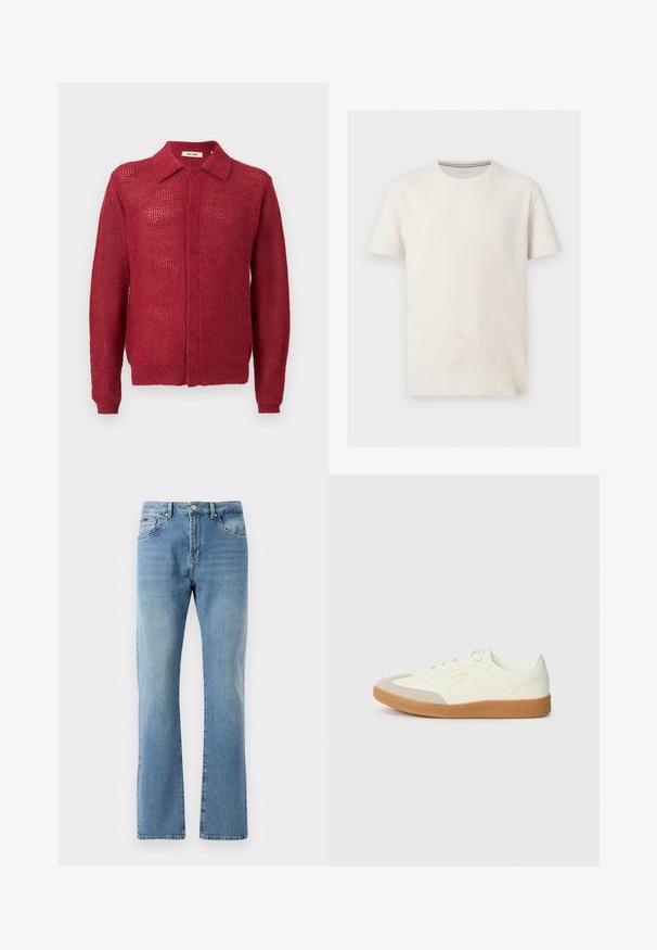 Cardigan de punto rojo con cierre de botones en la parte delantera, cuello y puños acanalados. Presenta un patrón de tejido abierto y un ajuste relajado.; Camiseta de algodón texturizado color blanco hueso de manga corta con cuello redondo y logo discreto en el pecho izquierdo, mostrada sobre fondo gris.; Jeans de mezclilla de color azul claro con un corte recto, cinco bolsillos y un desgaste sutil. Presentan una cintura clásica y dobladillo recto en los tobillos.; Zapatilla de cuero blanca con puntera beige y suela de goma marrón claro. Presenta cordones planos blancos y una marca en relieve en el lateral.
