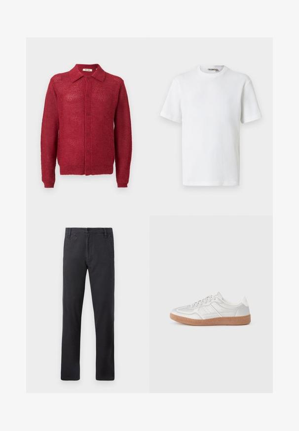 Rød strikket cardigan med knaplukning foran, krave og ribbede manchetter. Har et åbent vævemønster og en afslappet pasform.; Hvid kortærmet t-shirt i vaffelmønster med rund hals og et lille mærke med brandnavn inde i kraven, vist på en ensfarvet baggrund.; Sorte lige ben bukser med sidelommer, frontlukkegem med knap og bæltestropper på hvid baggrund.; Sølv sneakers med en glat overflade, snørebånd, perforerede detaljer og en struktureret brun gummi sål.