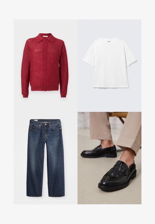 Cardigan de punto rojo con cierre de botones en la parte delantera, cuello y puños acanalados. Presenta un patrón de tejido abierto y un ajuste relajado.; Camiseta blanca de gran tamaño con mangas cortas, cuello redondo y hombros caídos, plana sobre fondo gris claro.; Jeans de mezclilla azul oscuro con corte recto, diseño de cinco bolsillos, cierre de botón metálico y cremallera, y patrones sutiles de desgaste.; Mocasines de cuero negro con un acabado suave, que cuentan con una correa decorativa y costuras en contraste, combinados con pantalones beiges.