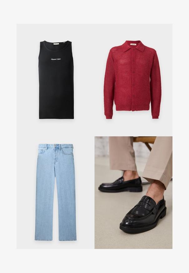 Rød strikket cardigan med knaplukning foran, krave og ribbede manchetter. Har et åbent vævemønster og en afslappet pasform.; Sort tanktop i ribbet stof. Har en rund halsudskæring og et lille hvidt "Originals Studio" logo på brystet.; Lyseblå høj talje lige ben denim jeans med forreste knap, lynlås lukning og fem-lomme design på hvid baggrund.; Sorte lædermokkasiner med en glat overflade, der har en dekorativ rem og kontraststing, parret med beige bukser.