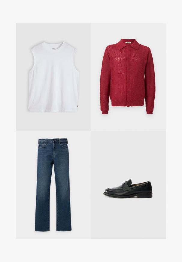Cardigan rouge en tricot avec un devant à boutons, un col et des poignets côtelés. Présente un motif en tissage ouvert et une coupe décontractée.; T-shirt blanc sans manches à col rond avec une petite étiquette logo Levi's sur la couture latérale, présenté sur un fond clair uni.; Jean droit en denim bleu foncé avec poches avant, passants de ceinture et fermeture par bouton sur fond gris clair.; Mocassins en cuir noir avec une finition lisse, dotés d'une bande supérieure texturée, d'un talon bas et de détails de couture minimalistes.