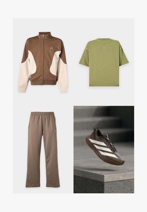 Brown and beige zip-up jacket with high collar and logo on the left chest, featuring curved beige panels on the front and sleeves.; Olive green oversized short-sleeve T-shirt with crew neck and small stitched logo on center chest.; Brown casual loose-fit pants with an elastic waistband and side pockets, featuring a small white logo on the right thigh.; Brown athletic shoe with white stripes and black laces floating above a concrete ledge with gray stairs in the background.