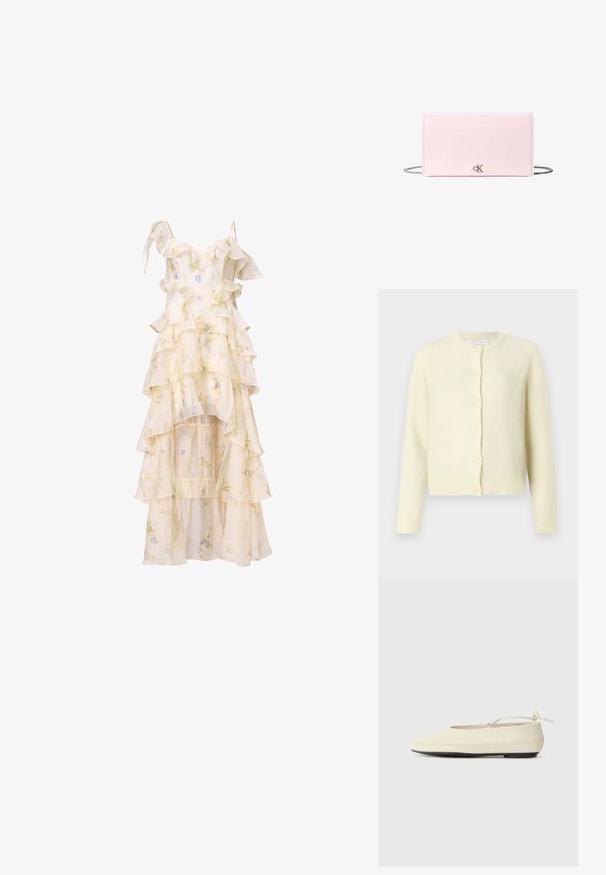 Lys gul cardigan lavet af blødt, tekstureret stof. Har rund halsudskæring, lange ærmer og seks-knaps frontlukning.; Blomstret kjole med lagdelte volanger, spaghetti stropper og en høj-lav kant. Fremstillet af let, flydende stof i blød creme og pastelfarver.; Cremefarvede flade sko med rund tå, ankelrem og kontrasterende sort gummisål. Glat materiale med minimal detaljer.; Lyserød rektangulær læderclutch med sølvkæde og lille sølvfarvet CK-logo midt på forsiden.