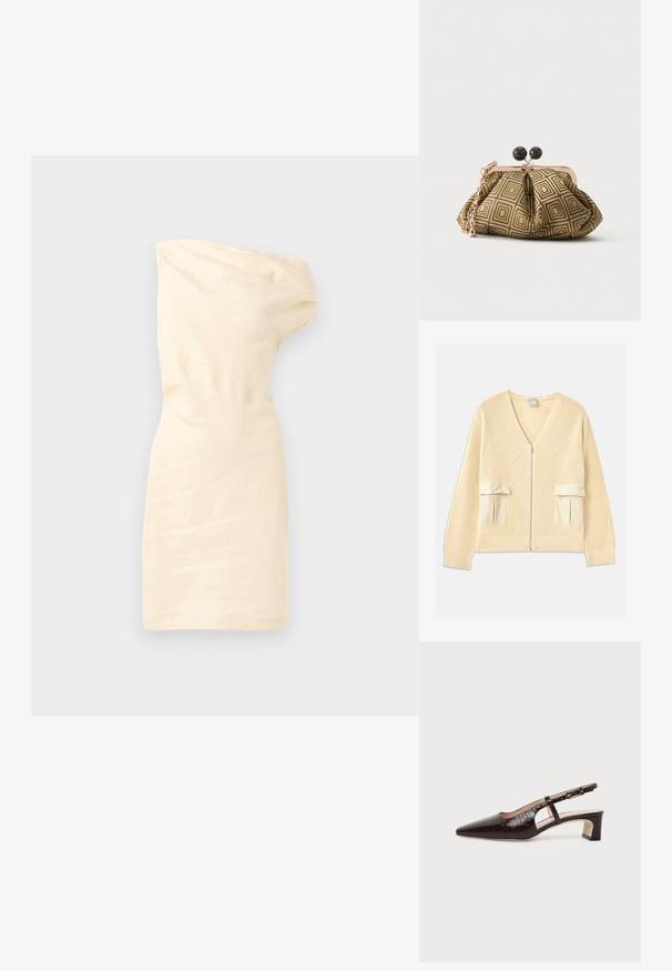 Cárdigan de punto crema con cuello en V, cierre frontal y dos bolsillos tipo parche. Presenta puños y dobladillo acanalados, con acentos de tela suave.; Vestido crema de un solo hombro con diseño ajustado, textura arrugada y escote asimétrico. Tela lisa sin patrones ni detalles visibles.; Zapato slingback de cuero con textura de cocodrilo en marrón oscuro, puntera puntiaguda, tacón bajo de bloque y correa ajustable con hebilla dorada.; Pequeño bolso de mano con patrón geométrico en dorado y negro, marco metálico dorado, cierre de bola negro y una corta correa de cadena dorada.