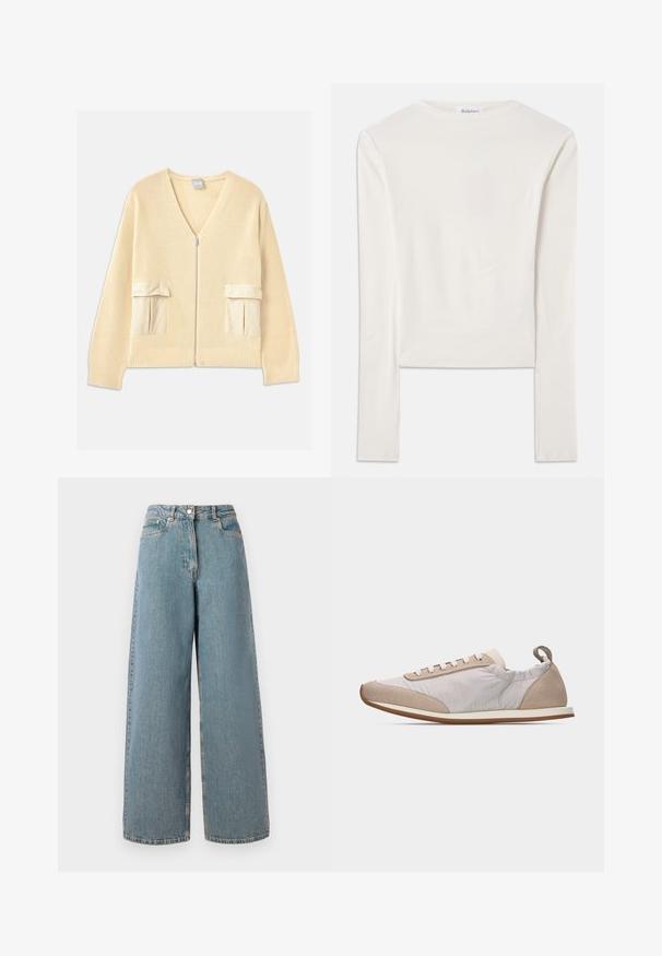 crème gebreide cardigan met een V-hals, een ritssluiting aan de voorkant en twee opgestikte zakken. Kenmerkt zich door geribde manchetten en zoom, met gladde stofaccenten.; Witte lange mouw top van katoen, met een eenvoudige ronde hals en een slim fit. De stof is glad met een lichte stretch.; Hogewaisted, lichtblauwe wijdvallende denim jeans met een ritssluiting aan de voorkant, knoopsluiting en zakken aan de voorkant.; Lichtbeige sneaker met witte veters, suède accenten aan neus en hiel, zachte stoffen zijkanten en een dunne lichtbruine rubberen zool, zijaanzicht.