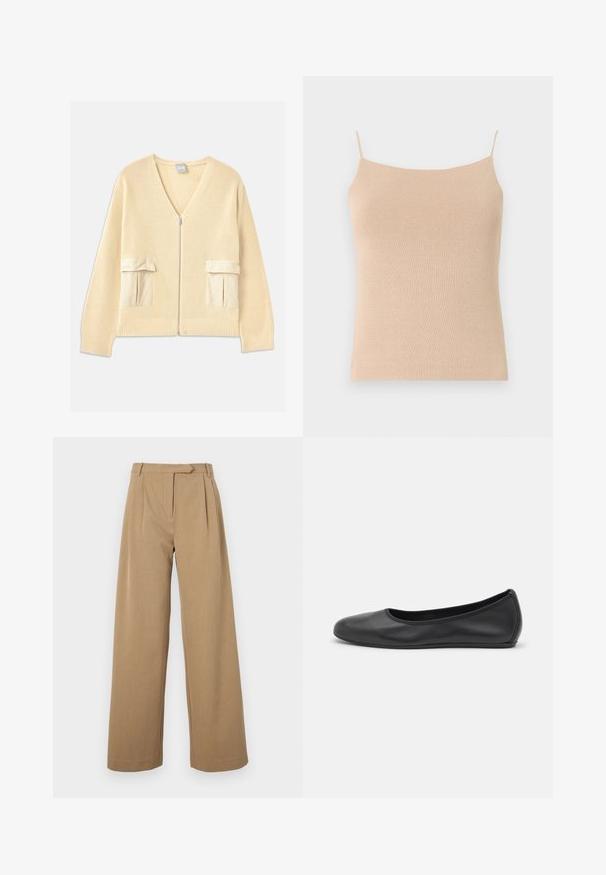 Gilet tricoté crémeux avec un col en V, une fermeture éclair frontale et deux poches plaquées. Présente des poignets et un ourlet côtelés, avec des accents en tissu lisse.; Camisole en tricot beige avec des bretelles fines, présentant une coupe ajustée et un tissu texturé, idéale pour le superposition ou un usage décontracté.; Pantalons à jambes larges de couleur marron clair, fabriqués en tissu texturé. Présentent des plis à l'avant et une taille ajustée. Design simple sans matériel visible.; Ballerines en cuir noir avec un bout rond, texture lisse, détails de couture minimalistes et design de semelle flexible.