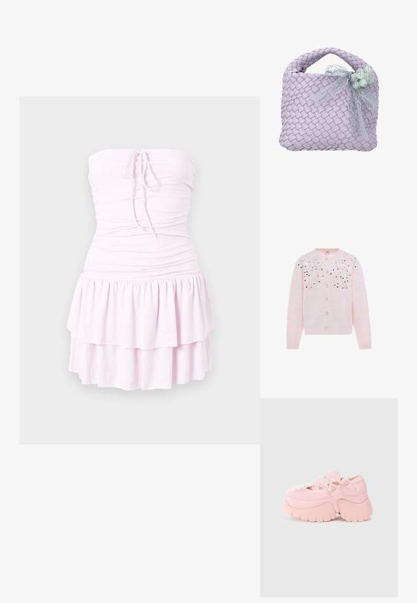 Lichtroze gebreid vest met lange mouwen, ronde hals, knoopsluiting aan de voorkant en verspreide meerkleurige paillettenversieringen op de bovenste borst en schouders.; Strapless lichtroze mini-jurk met geplooid lijfje, strikdetail aan de voorkant en een dubbele laag met ruches rok.; Chunky platform roze schoen met dubbele hartvormige gespen, kantafwerking en stevige sculpted zool tegen een plain witte achtergrond.; Lavendelkleurige geweven handtas met gevlochten handvat, versierd met een doorschijnend kanten lint en een cluster van lichtgroene kralen.