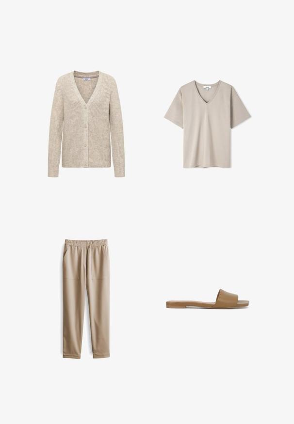 Beige gebreide cardigan met een V-hals, knoopsluiting aan de voorkant en geribbelde manchetten en zoom. Lichtgewicht stof met een gemêleerd patroon.; Korte mouwen V-hals t-shirt van zacht beige stof. Heeft een ontspannen pasvorm en eenvoudige naden, geschikt voor casual gebruik.; Beige elastische broeken met een tailleband, twee voorzakken, taps toelopende pijpen en een gladde textuur, geschikt voor casual kleding.; Beige platte slip-on sandaal met brede enkele band en vierkante neus, minimalistisch ontwerp op een witte achtergrond.