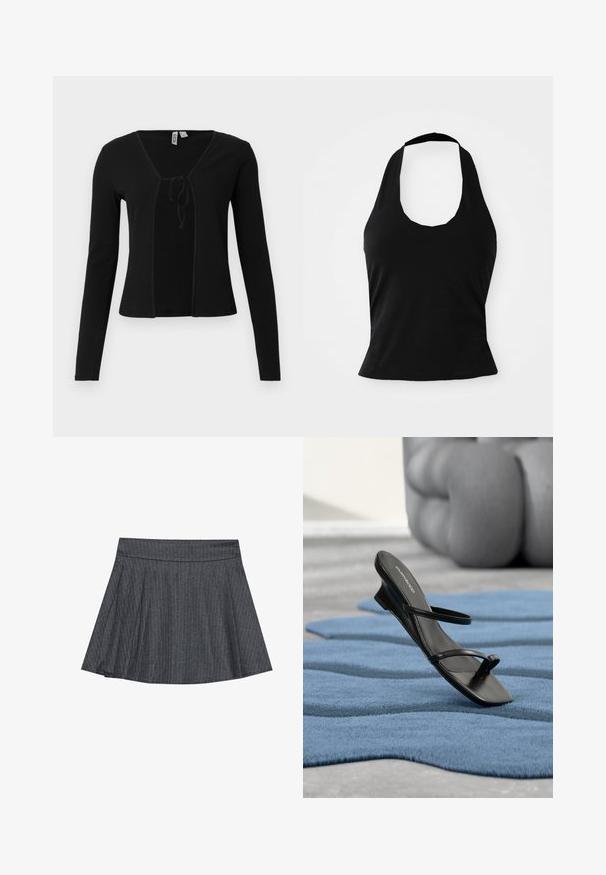 Sort ribstrikket langærmet cardigan med V-hals og bindelukning foran i midten. Blød tekstur, tætsiddende design og letvægtsmateriale.; Sort halterneck top lavet af blød stof, med en scoop halsudskæring og en tætsiddende silhuet, med en glat tekstur og uden synlige mønstre.; Grå stribede skater nederdel med en tætsiddende talje, udformet i A-linje og en blød stofstruktur. Lodrette linjer øger den visuelle interesse.; Sort sandal med remme og tå-loop vist på et blåt tekstureret tæppe, med en stor grå dekorativ genstand sløret i baggrunden.