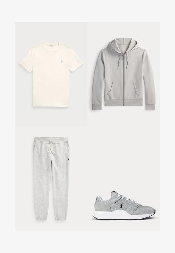 Lys grå zip-up hoodie lavet af blød bomuldsblanding, med en rummelig frontlomme, snoretræk i hætten og et lille broderet logo på brystet.; Kræmfærdig bomulds t-shirt i kremfarve med rund hals og korte ærmer. Har et lille blåt broderet logo på venstre bryst.; Lysegrå joggingbukser med elastiske manchetter, snøre i taljen, sidelommer og lille mørkt logo på øverste venstre lår.; Grå og hvid atletiksko med mesh- og ruskindspaneler, hvide snørebånd og et sort logo på siden, vist på en ensfarvet baggrund.