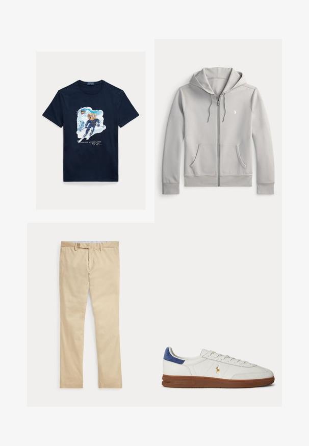 Sudadera con cremallera de color gris claro, fabricada en una suave mezcla de algodón, que cuenta con un amplio bolsillo frontal, capucha con cordón y un pequeño logo bordado en el pecho.; Camiseta de algodón azul marino con un gráfico de un oso esquiando, con gafas de protección, un helicóptero arriba y montañas nevadas al fondo.; Pantalones beige de corte recto con trabillas para cinturón y cremallera frontal, colocados planos sobre un fondo blanco.; Zapatilla blanca de caña baja con suela marrón, lengüeta azul en el talón, cordones y logo dorado de Polo Ralph Lauren en el lateral.