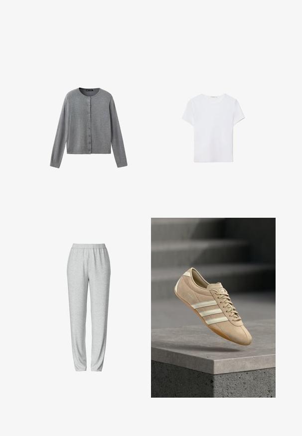 Mango ADULT - Cardigan - grey; Hvid kortærmet t-shirt lavet af blødt stof. Har en rund halsudskæring og et simpelt, rent design med en lige underkant.; Grå sweatsbukser med elastisk talje, tætsiddende bendesign, blød tekstur og ingen synlige mønstre eller hardware detaljer.; Lysebeige sneaker med tre hvide vandrette striber, overdel i ruskind og en gummisål, med en logo på siden.