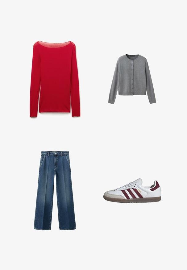 Mango ADULT - Strickjacke - grey; Rotes, figurbetontes Langarmtop mit transparentem rundem Ausschnitt, flach auf weißem Hintergrund präsentiert.; Weit geschnittene blaue Jeans mit hoher Taille, ausgestattet mit Vorder- taschen, einem Knopfverschluss und einem dezenten Auswaschmuster auf dem Stoff.; Weißer niedriger Adidas Samba Sneaker mit kastanienbraunen Streifen, beiger Wildleder-Zehenkappe und Gummisohle.
