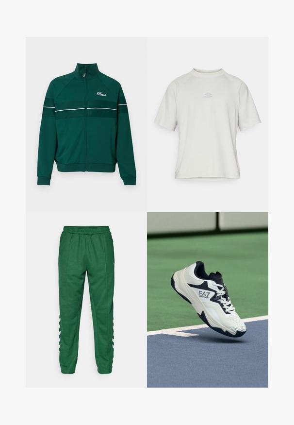 Roheline tõmblukuga sportjakk valgete triipudega, valmistatud siledast kangast. Sobilisel on kõrge krae ja rindkerele tikitud logo.; Umbro WASHED HIGH NECK BOXY TEE - Lihtne T-särk - harbor mist; Rohelised spordipüksid elastse vöökoha, tõmblukuga taskute ja valgete chevrons triipudega pükste väliskülgedel.; Valge ja meresinine spordijalats tekstureeritud pealsete, polsterdatud krae ja mustrilise tallaga, mille küljel on EA7 logo.