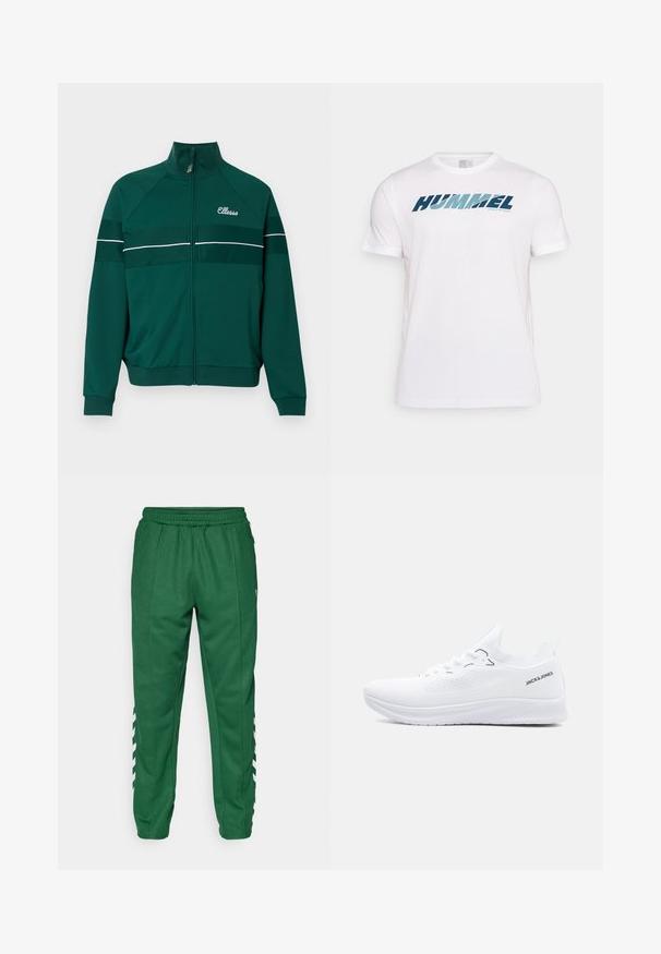 Roheline tõmblukuga sportjakk valgete triipudega, valmistatud siledast kangast. Sobilisel on kõrge krae ja rindkerele tikitud logo.; Valge lühikeste varrukatega spordisärk sinise "HUMMEL" logoga ja väikese "ACTIVE SPORTSWEAR" tekstiga rinnal, ühevärvilisel taustal.; Rohelised spordipüksid elastse vöökoha, tõmblukuga taskute ja valgete chevrons triipudega pükste väliskülgedel.; Valge madala lõikega kudumjalats tekstuurse tallaga, ees paelu ja "JACK & JONES" logo kanna korraribal.