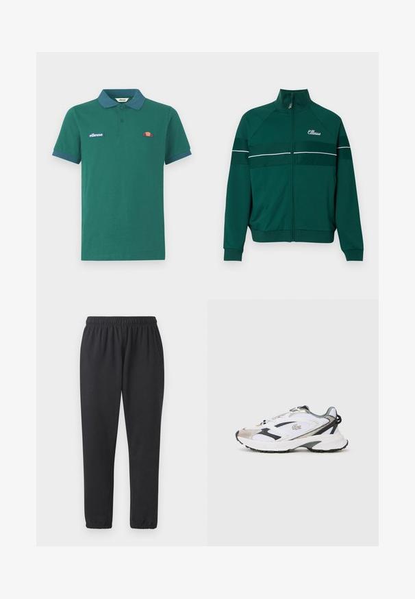 Grüne zip-up Sportjacke mit weißen Streifen, hergestellt aus glattem Stoff. Verfügt über einen hohen Kragen und ein gesticktes Logo auf der Brust.; Grünes Polohemd aus Baumwolle mit einem kontrastierenden blauen Kragen und Bündchen. Verfügt über ein gesticktes Logo und ein kleines farbenfrohes Design auf der Brust.; Schwarze Sporthosen aus weichem Stoff, mit elastischem Bund, seitlichen Taschen und schmalen Beinen mit gerippten Bündchen.; Weißer Sportschuh mit silbernen und schwarzen Akzenten, Obermaterial aus Netzstoff, strukturierte Sohle und ein schlankes Design mit einem Logo an der Seite.