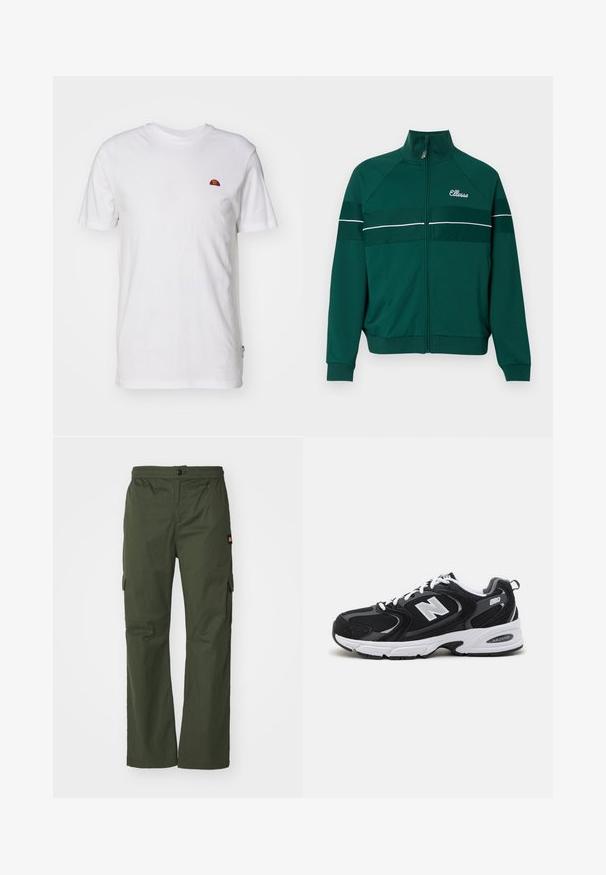 Veste de survêtement zippée verte avec des rayures blanches, fabriquée en tissu lisse. Dotée d'un col montant et d'un logo brodé sur la poitrine.; T-shirt blanc uni à manches courtes avec un petit logo en demi-cercle rouge et orange sur la partie supérieure gauche de la poitrine.; Pantalons cargo verts olive avec fermeture à bouton, taille élastique et poches latérales, fabriqués en tissu léger avec une texture lisse.; Baskets de sport noires et grises avec un tige en mesh et en suède, présentant une semelle intermédiaire blanche, des lacets et un logo "N" audacieux sur le côté.