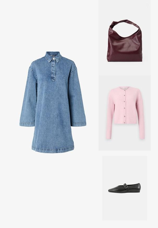 JDY JDYCHLOE LIFE CARDIGAN - Ζακέτα - sweet lilac; Γαλάζιο τζιν φόρεμα με μυτερό κολάρο, μακριά μανίκια και κουμπωτή μπροστινή όψη. Διαθέτει χαλαρή εφαρμογή και υφή υφάσματος.; Μαύρο δερμάτινο παπούτσι φλατ με μυτερή μύτη, διαθέτοντας μια μεταλλική πόρπη που διασχίζει το κέντρο του ποδιού και μια χαμηλή, ευέλικτη σόλα.; Μπορντό τσάντα με υφή υφασμένου μοτίβου, μαλακό δερμάτινο υλικό και μία λαβή με κόμπους. Χωρητικό σχέδιο στυλ χόμπο.