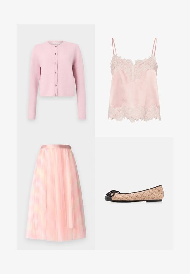 JDY JDYCHLOE L/S CARDIGAN KNT NOOS - Kardigan - sweet lilac; Hele roosa satiinist kamisol valge pitsilise äärisega kaeluse ja ääre juures, õhukeste reguleeritavate õlarihmadega.; Ida Sjöstedt FLAWLESS SKIRT - A-lõikeline seelik - pink; Kergedud ballet jalanõud heledas beežis tepitud nahas musta lakkviimistlusega ninapead ja paeltega kaunistus. Kitsas profiil mati viimistlusega ja peene õmblusega.