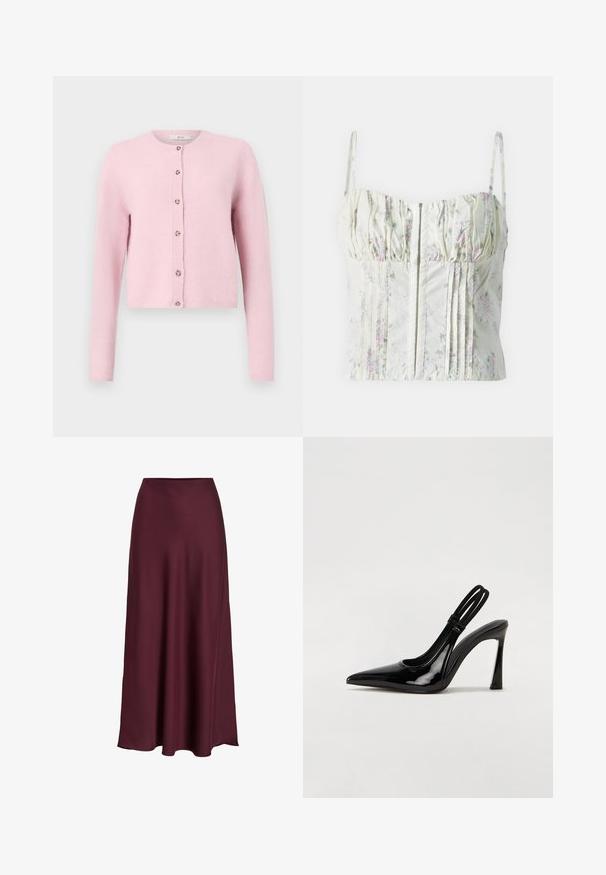 JDY JDYCHLOE LIFE CARDIGAN - Kardigán - sweet lilac; Kvetinový crop top s svetlozeleným podkladom, s vertikálnymi skladmi, volánovým výstrihom a tenkými nastaviteľnými ramienkami. Ozdobený ružovými kvetmi.; Burgundská saténová maxi sukňa s hladkou textúrou, vysokým pásom a splývavým strihom, ktorý sa jemne rozširuje smerom k lemovaniu.; Čierne lakované kožené slingback lodičky s špicatou špičkou, štíhlým vysokým podpätkom a dvojitým elastickým pásom pre bezpečné uchytenie. Hladký, lesklý povrch.