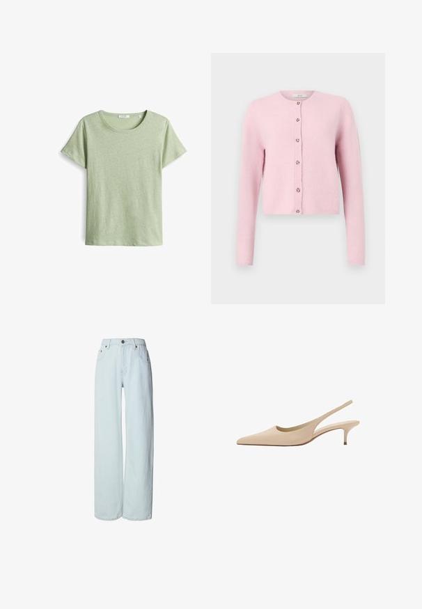 JDY JDYCHLOE LIFE CARDIGAN - Strickjacke - sweet lilac; Grünes Kurzarm-T-Shirt aus strukturiertem Stoff, mit einem runden Ausschnitt und geradem Schnitt. Einfaches Design ohne zusätzliche Muster.; Hellblaue High-Waist Jeans mit weitem Bein, Knopfverschluss und Taschen vorne und hinten.; Beige Leder Slingback-Pumps mit spitzer Schuhspitze, niedrigem Kittenabsatz und glatter Oberfläche.
