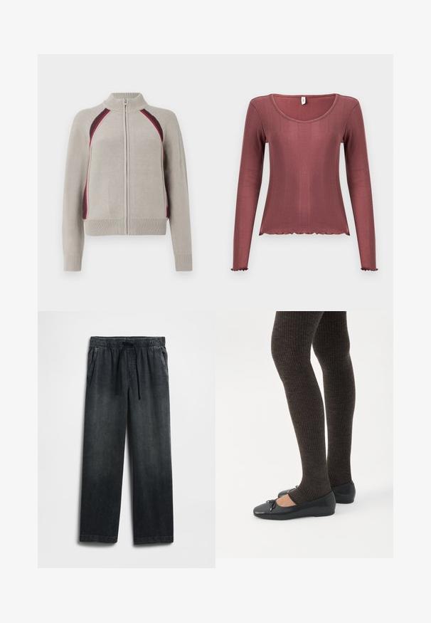 Lynlåstrøje i lys beige strik med ribbet krave og kant. Har bordeaux og vinrøde detaljer på skuldre og sider.; Langærmet top i støvet rosa med ribbet tekstur, rundudskæring, bølget kant forneden og ved manchetten, lavet af blødt strikmateriale.; Sorte denimbukser med elastisk talje og snøre, vid pasform og diskret falmet look. To sidelommer inkluderet.; Ben iført mørke ribbede leggings kombineret med sorte balletsko med små sløjfedetaljer på hvid baggrund.
