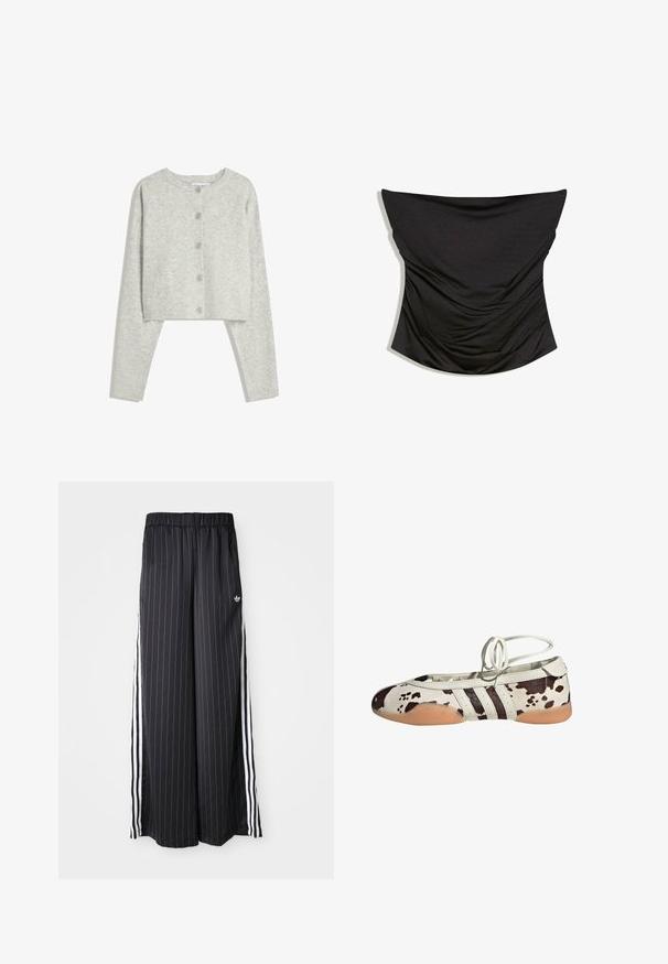 Lys grå cropped cardigan med lange ærmer, rund halsudskæring og fem frontknapper på en hvid baggrund.; Sort stropløs rynket satin korset top med en lige udskæring og tætsiddende silhuet på hvid baggrund.; Sorte vide bukser med lodrette hvide striber, elastisk talje og tre hvide striber langs siden. Adidas-logo på forsiden.; Hvide balletflade sko i læder med brun ko-print, der har tre sorte striber på siden og en fleksibel, tanfarvet gummisål.