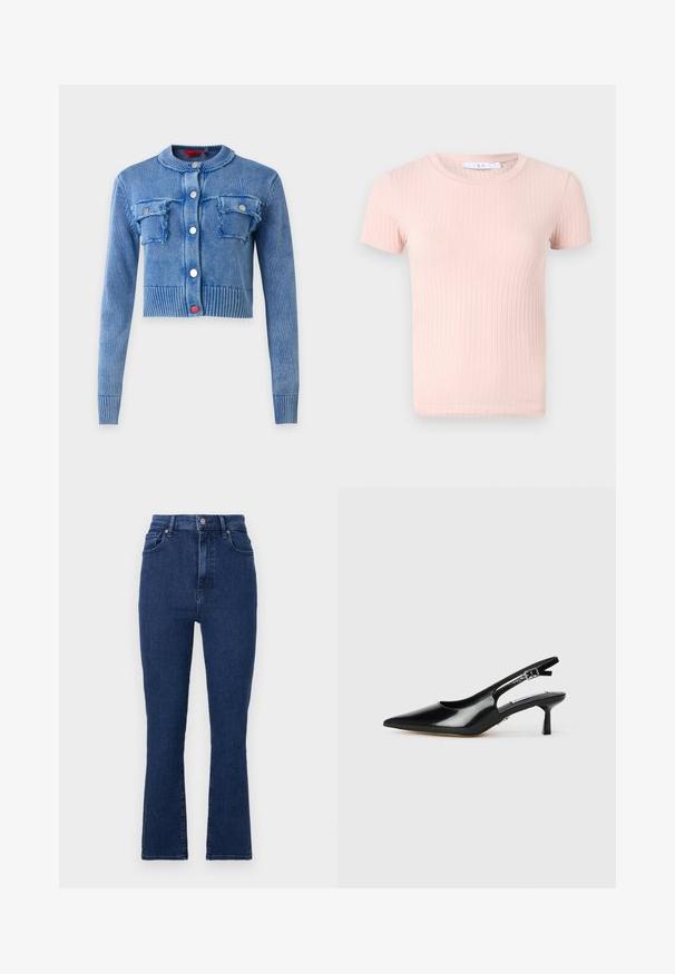 Blauw gebreid cropped vest met lange mouwen, ronde halslijn, geribde boorden en zoom, vier knopen aan de voorkant en twee borstzakken met klepjes met verweerde randen.; Lichtroze geribde t-shirt met korte mouwen en een ronde halslijn, met een zachte textuur en een aansluitende pasvorm.; Donkerblauwe hoge taille jeans van denim stof met een rechte pijp, voorzien van frontzakken en een sluiting met metalen knoop.; Zwarte gepatineerde leren slingback hakken met een spitse neus, dunne hak en verstelbare gespstrap. Gladde textuur met minimale details.