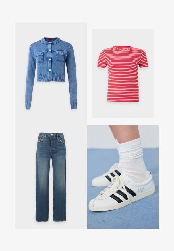 Blauer, kurz geschnittener Strickcardigan mit langen Ärmeln, rundem Halsausschnitt, gerippten Bündchen und Saum, vier vorderen Knöpfen sowie zwei Brusttaschen mit Klappen und abgenutzten Kanten.; Rotes Kurzarm-T-Shirt mit schmalen weißen horizontalen Streifen und einem Rundhalsausschnitt, auf einem schlichten hellgrauen Hintergrund präsentiert.; Blaue Jeans mit geradem Bein, hoher Taille, vorderem Knopf und Reißverschluss sowie klassischem Fünf-Taschen-Design.; Weiße Ledersneaker mit schwarzen Streifen, cremefarbener Sohle und hellen Schnürsenkeln. Getragen mit weißen gerippten Socken, positioniert vor einem blauen Hintergrund.