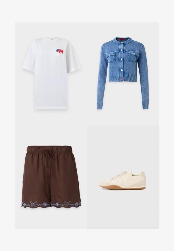 Cardigan court en maille bleue à manches longues, col rond, poignets et ourlet côtelés, quatre boutons sur le devant et deux poches poitrine à rabat avec bords usés.; T-shirt blanc oversize à manches courtes avec petite broderie florale colorée et texte en cursive sur le haut gauche de la poitrine.; Short marron à taille élastique avec cordon et motif floral brodé bleu clair le long de l'ourlet festonné.; Baskets beige clair avec une tige en cuir texturé, des panneaux latéraux texturés et une semelle en caoutchouc. Dotées d'un design fin et épuré ainsi que de lacets plats.